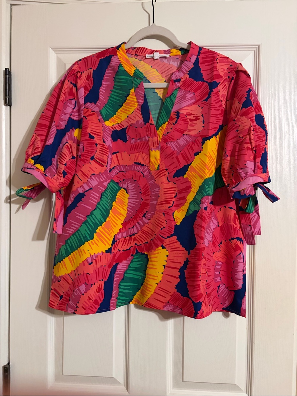Vibrant Pink Abstract Print Blouse with Tie Sleeves
